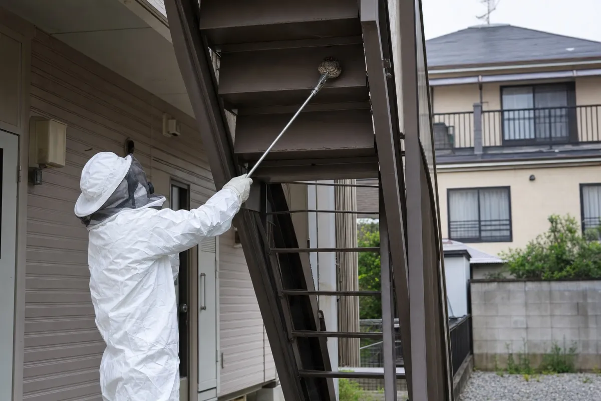 名古屋市南区笠寺のアシナガバチ駆除作業中