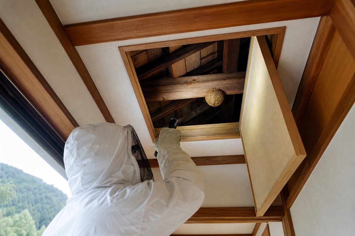 中津川市苗木の一軒家屋根裏でキイロスズメバチ駆除作業中