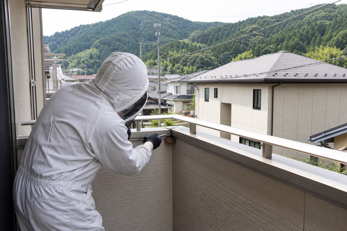 中津川市坂下の分譲住宅でアシナガバチ駆除作業中