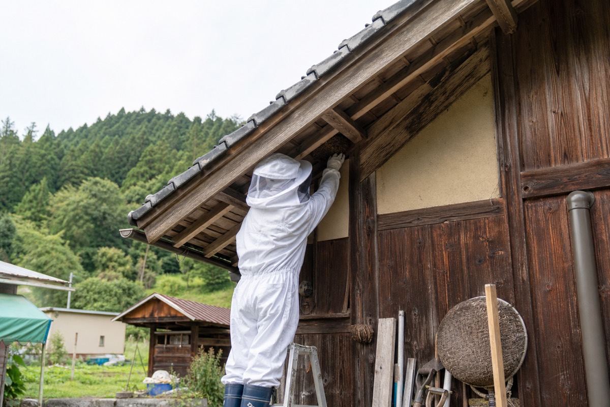 中津川市福岡の農家納屋でミツバチ駆除作業中