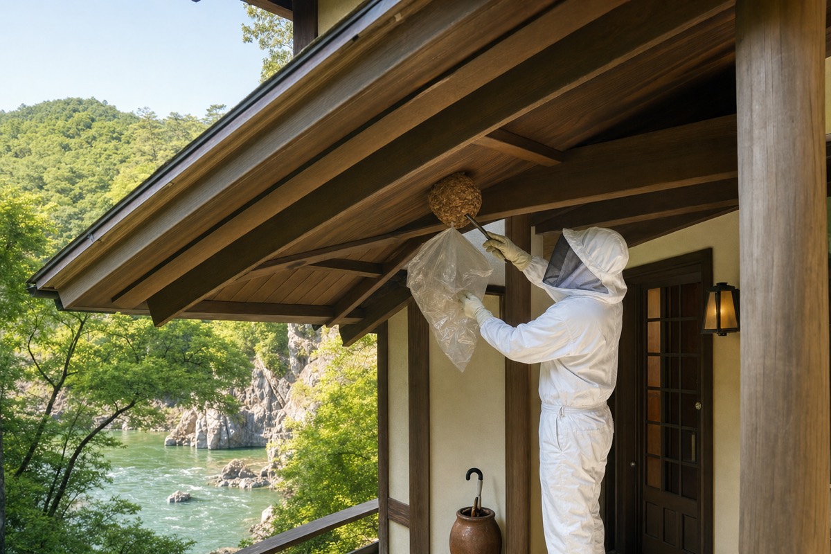 中津川市田瀬の別荘でキイロスズメバチ駆除作業中