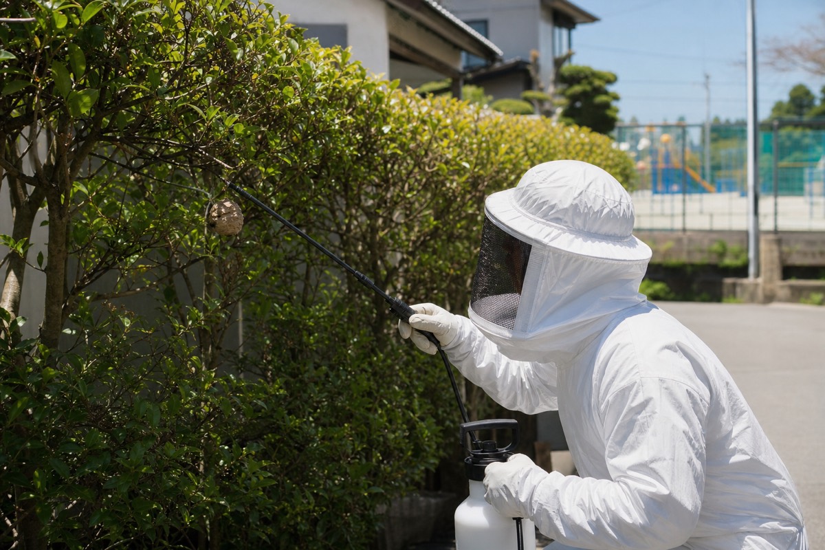 中津川市阿木の小学校近隣住宅でアシナガバチ駆除作業中