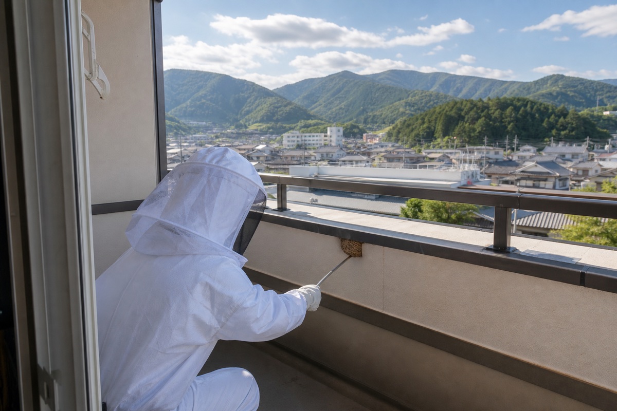 中津川市蛭川のマンションでスズメバチ駆除作業中