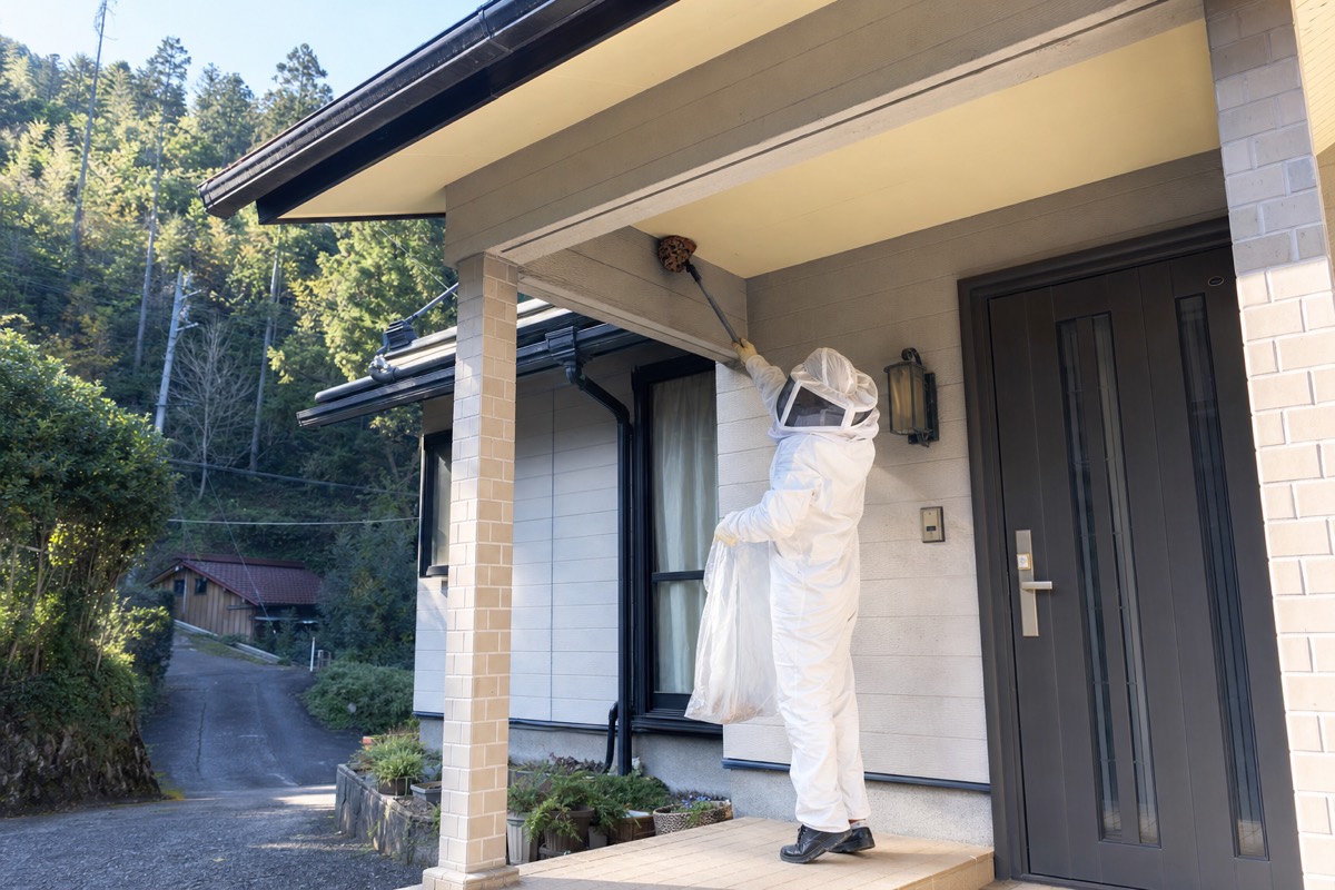 中津川市山口の住宅街でスズメバチ駆除作業中