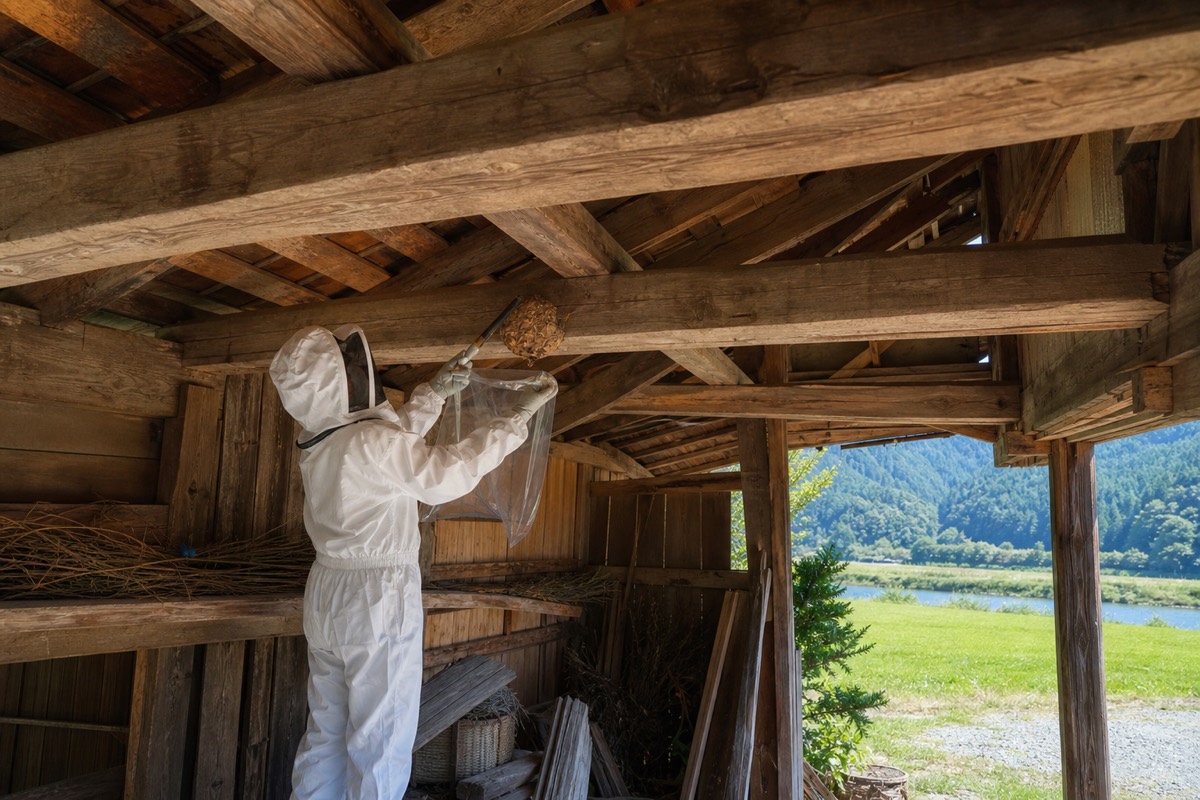 中津川市千旦林の田園農家でオオスズメバチ駆除作業中