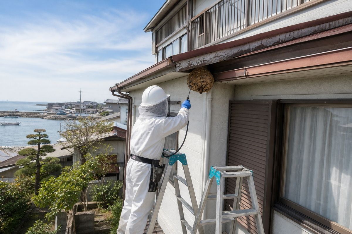 西尾市一色町の海岸近くの住宅でスズメバチ駆除作業中