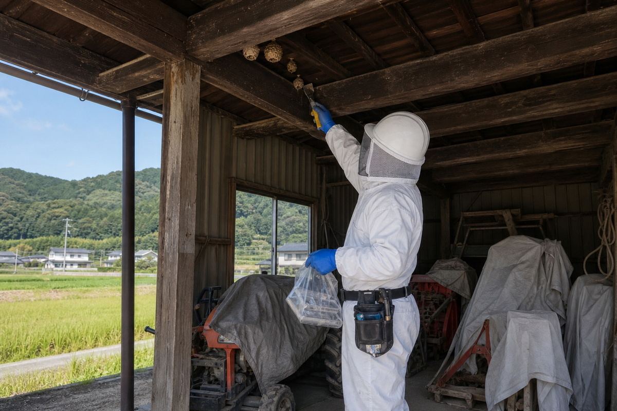 西尾市吉良町の農家納屋でアシナガバチ駆除作業中