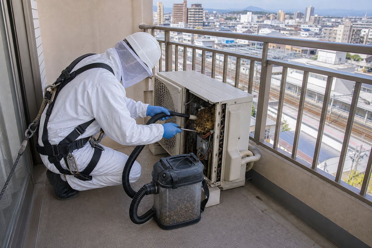 西尾市寄住町のマンションでミツバチ駆除作業中