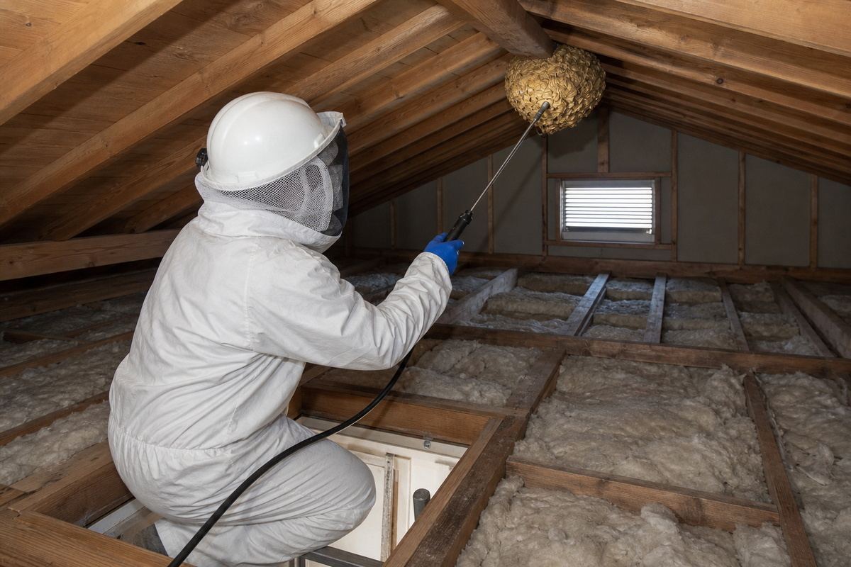 西尾市平坂町の住宅街でキイロスズメバチ駆除作業中