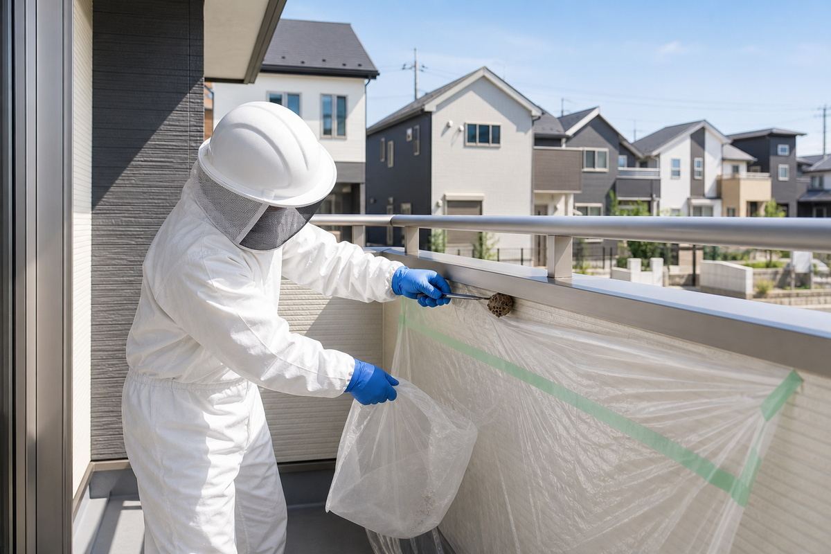 西尾市横須賀町の新興住宅地でアシナガバチ駆除作業中