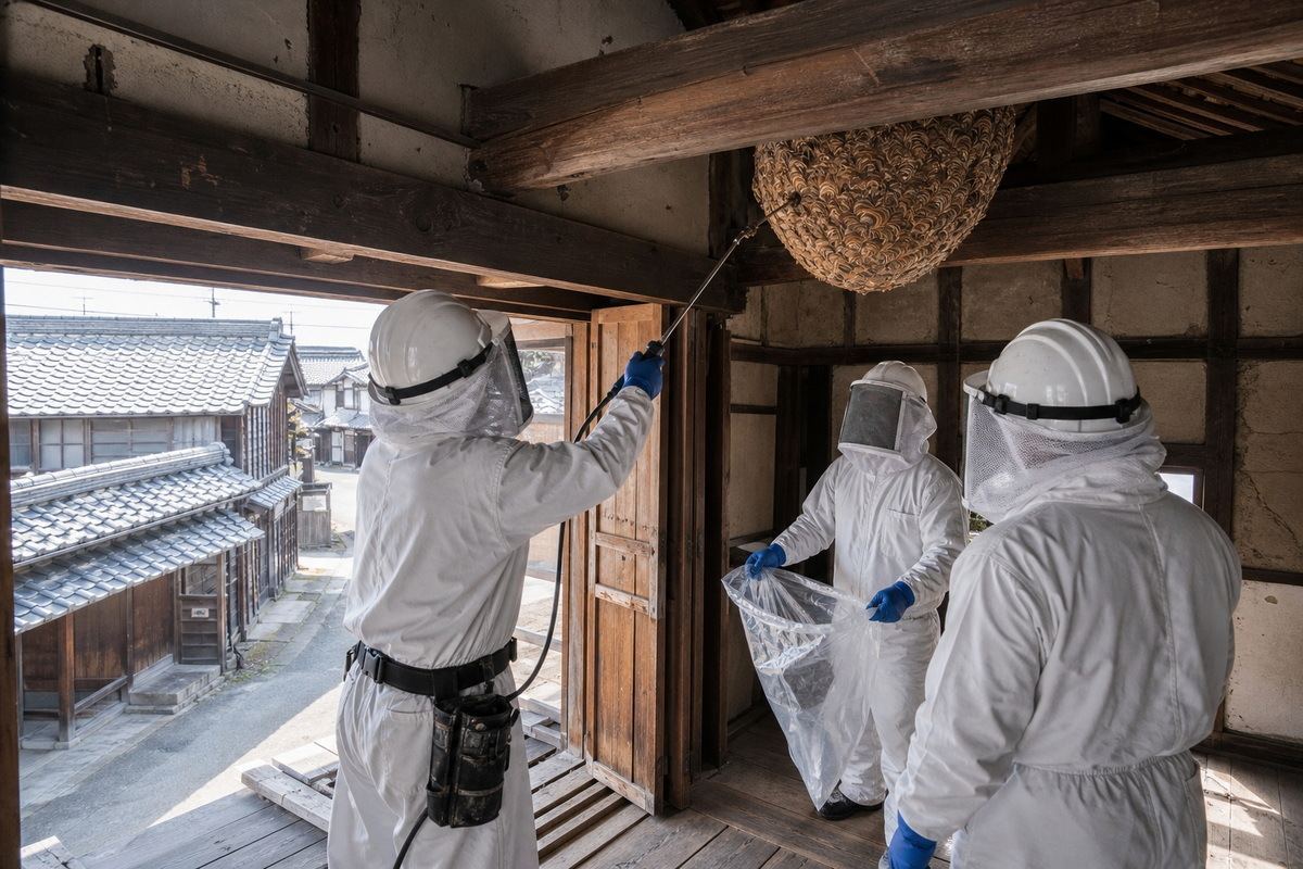 西尾市寺津町の農家住宅でオオスズメバチ駆除作業中