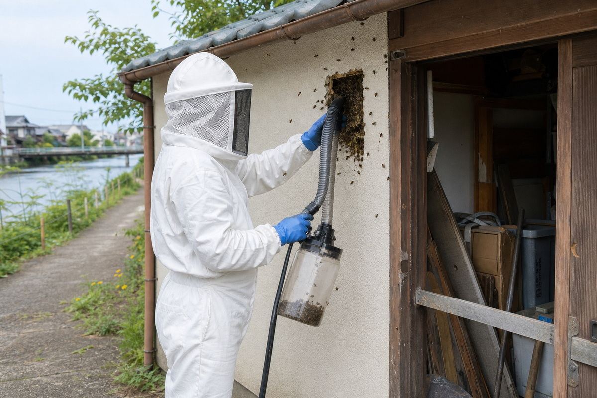 西尾市米津町の川沿い住宅でミツバチ駆除作業中