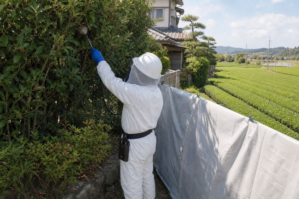 西尾市鶴城町の抹茶畑近隣住宅でアシナガバチ駆除作業中