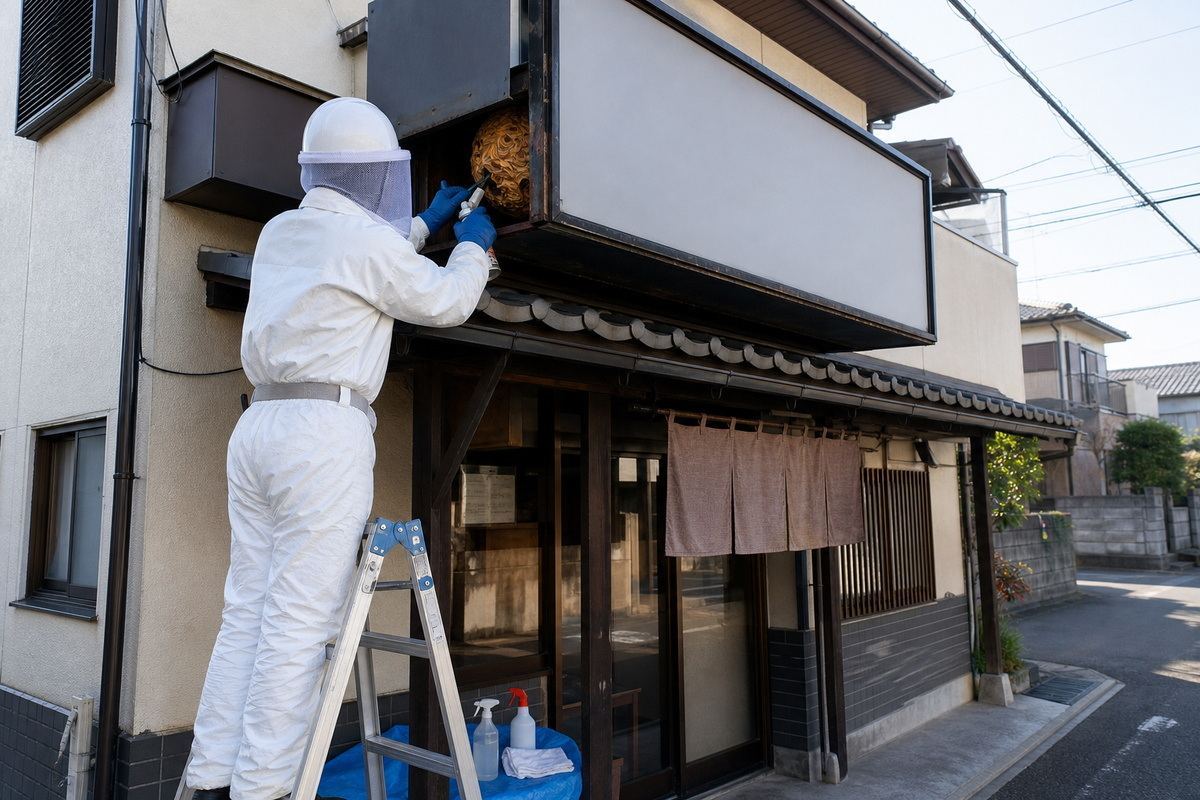 西尾市永楽町の店舗併用住宅でスズメバチ駆除作業中