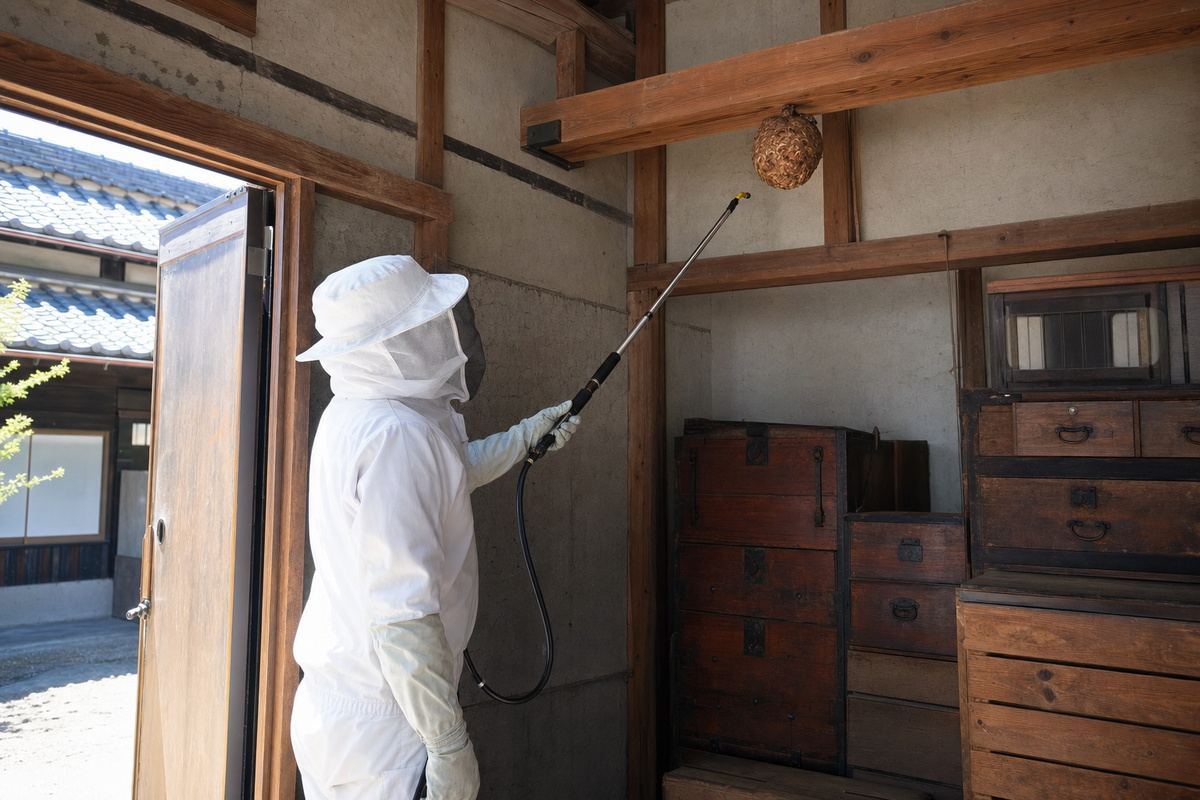 西尾市上町の古民家でオオスズメバチ駆除作業中