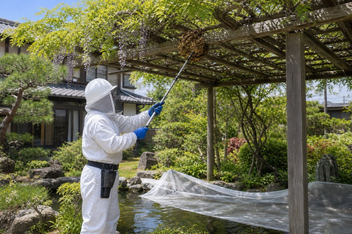 西尾市須脇町の池近隣住宅でキイロスズメバチ駆除作業中