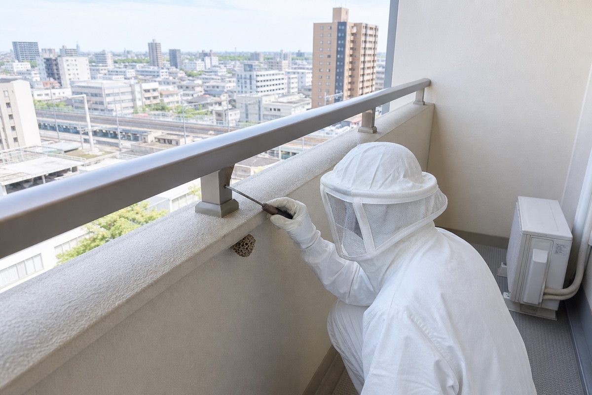 日進市赤池の駅前タワーマンションでアシナガバチ駆除作業中