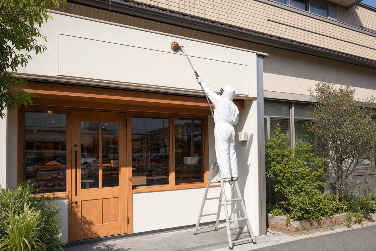 日進市梅森台のパン屋併用住宅でキイロスズメバチ駆除作業中
