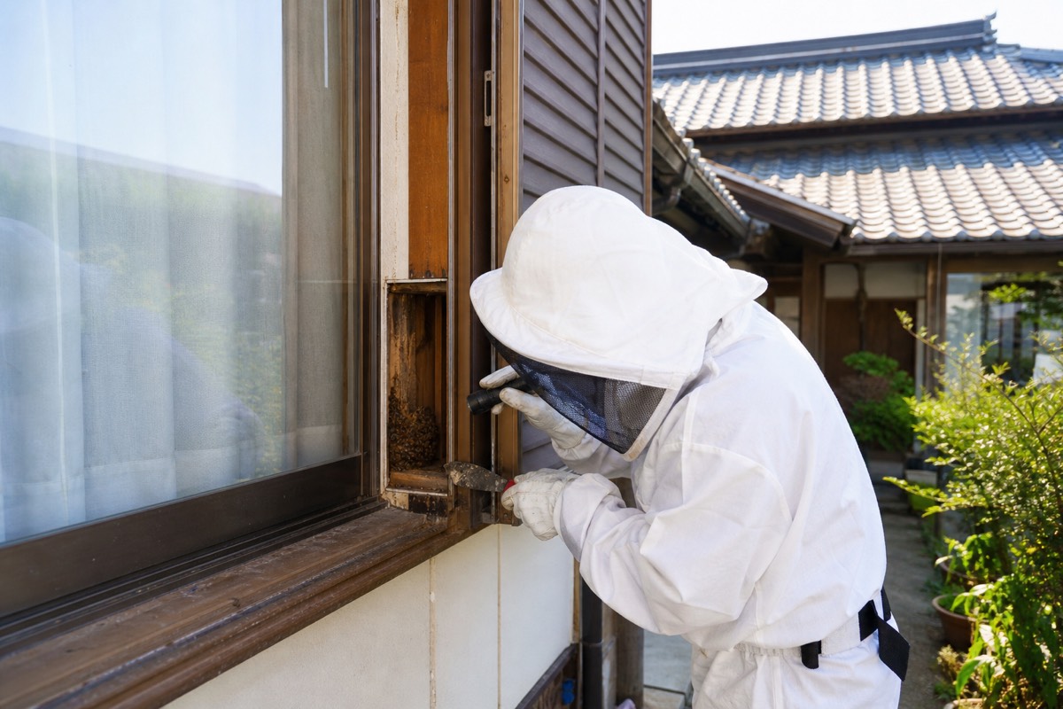 日進市北新町の農家住宅でミツバチ駆除作業中