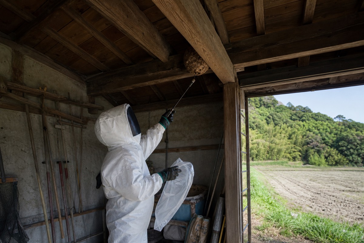 日進市三本木の農地隣接住宅でオオスズメバチ駆除作業中