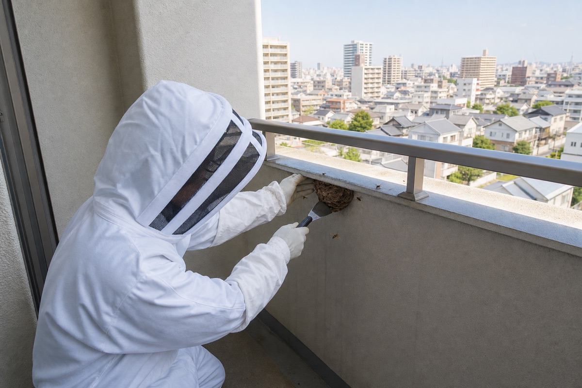 大府市桃山町のタワーマンションでスズメバチ駆除作業中