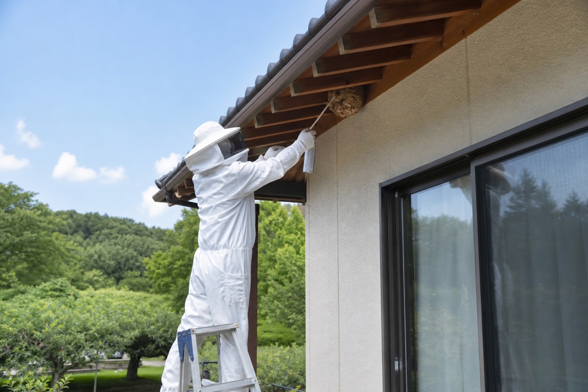 大府市中央町の愛知健康の森公園近隣住宅でキイロスズメバチ駆除作業中