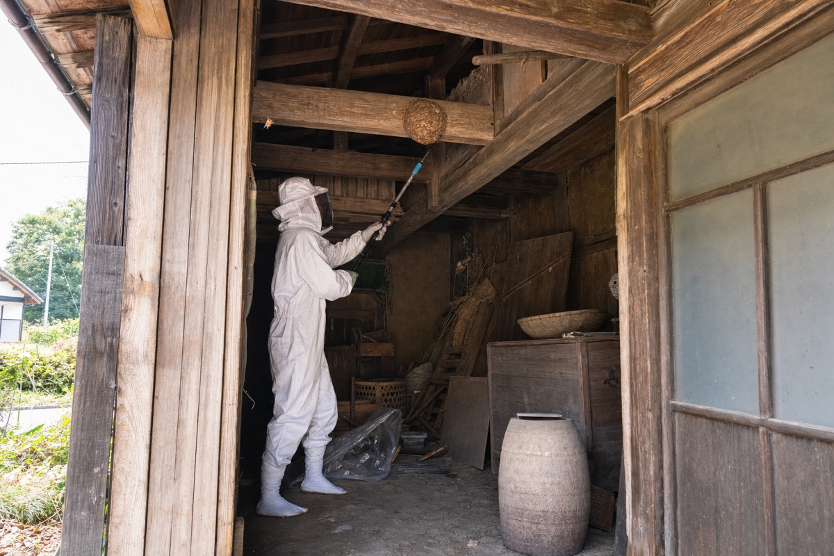 大府市北崎町の古民家でオオスズメバチ駆除作業中