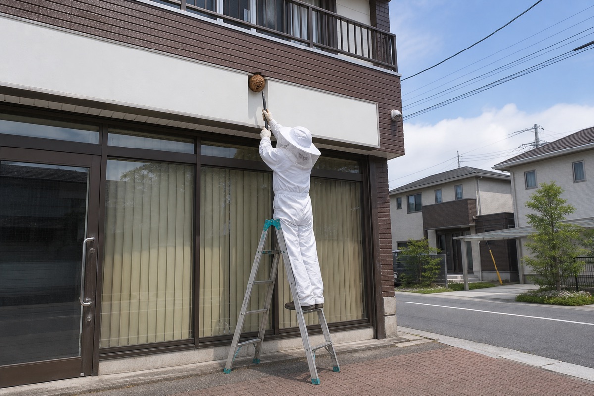 大府市若草町の銀行併用住宅でキイロスズメバチ駆除作業中