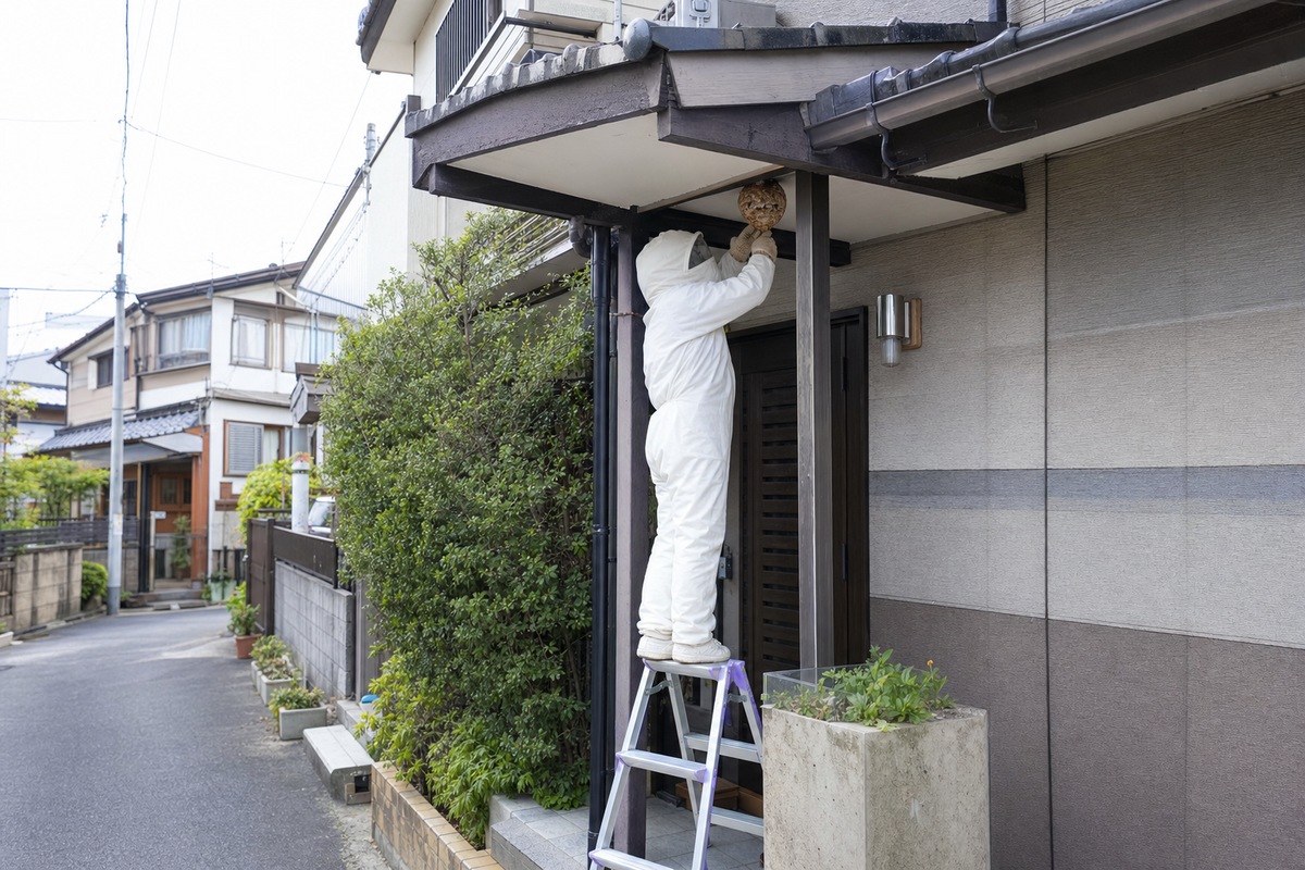 大府市東新町の住宅街でスズメバチ駆除作業中