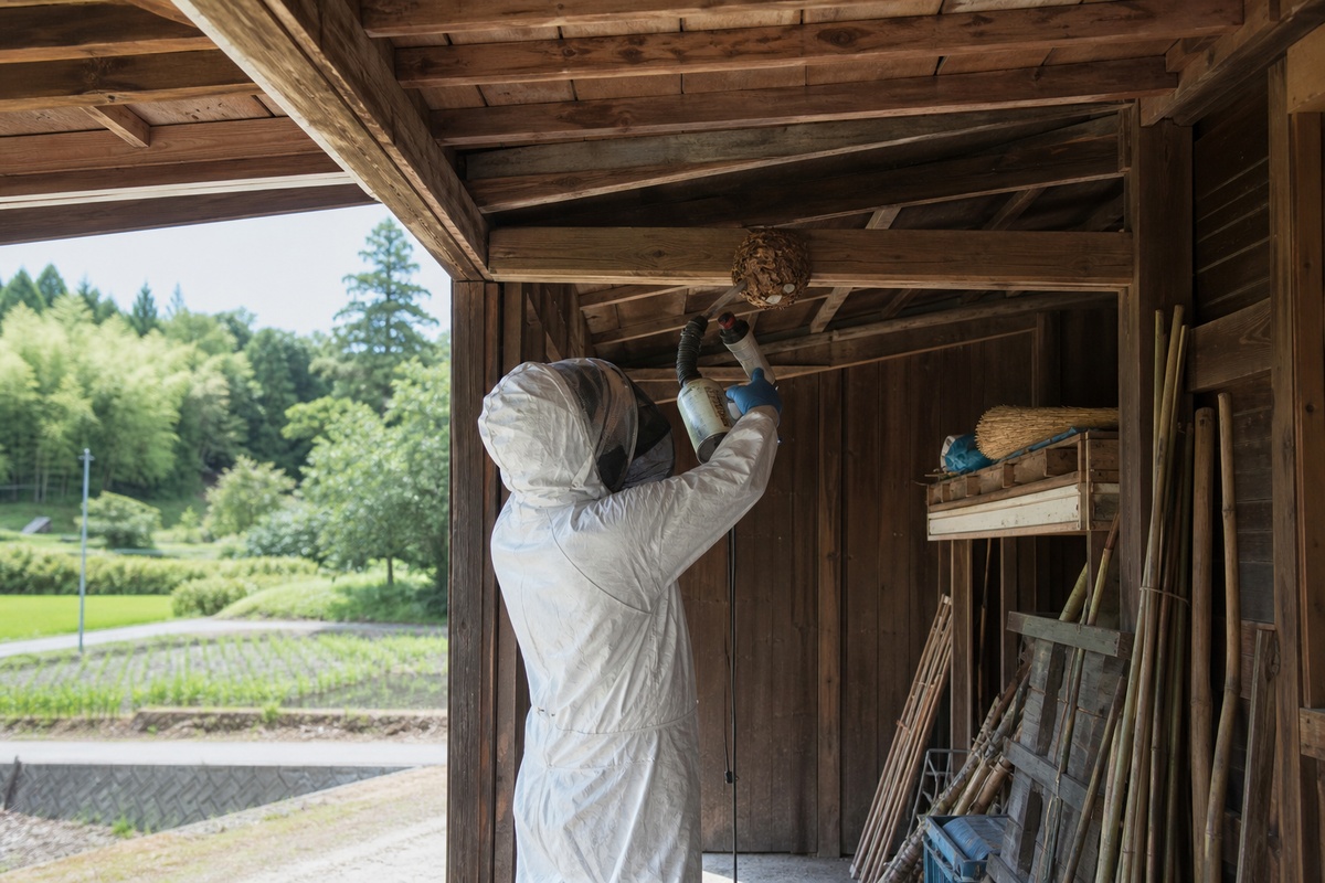 大府市明成の農地隣接住宅でオオスズメバチ駆除作業中
