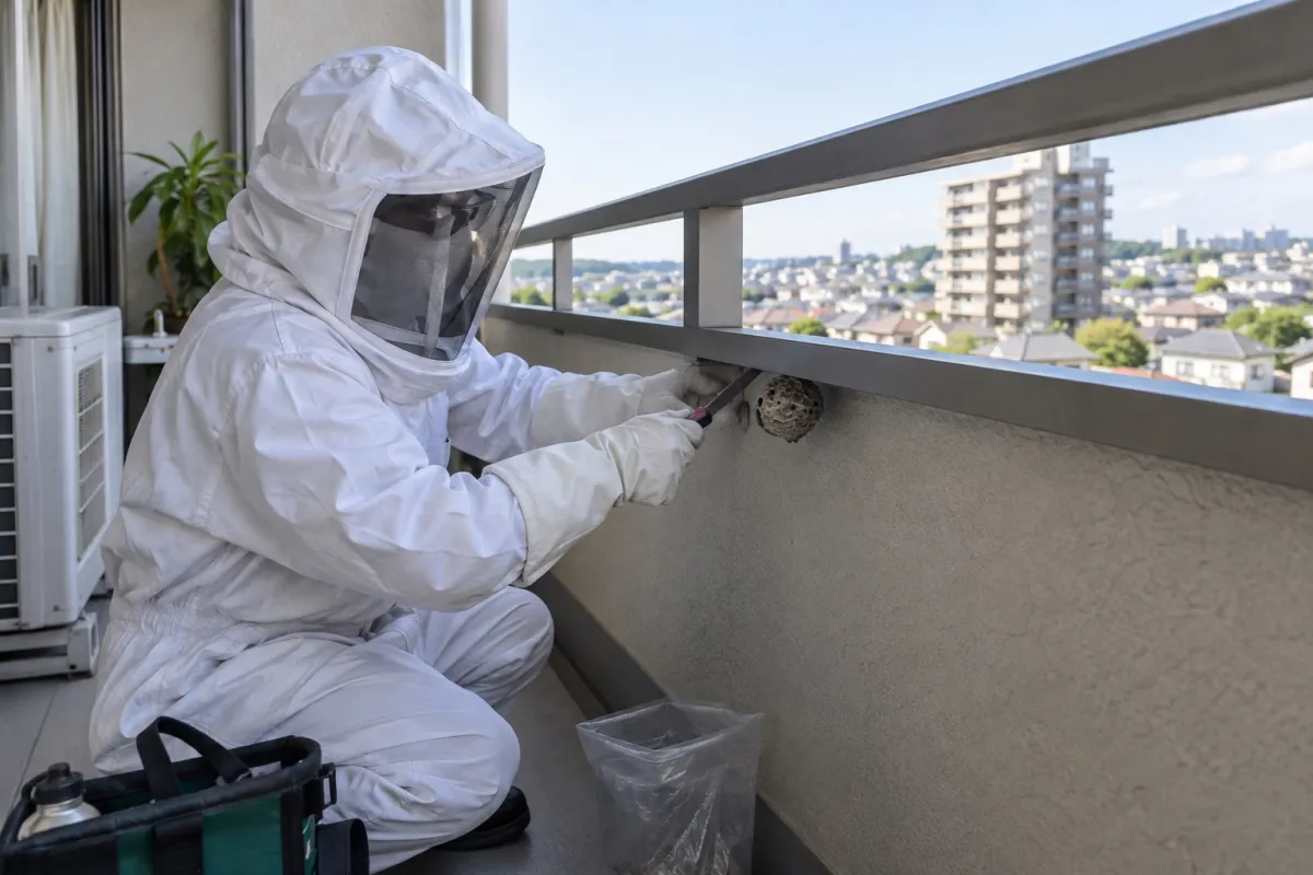大府市月見町の分譲マンション7Fでアシナガバチ駆除作業中