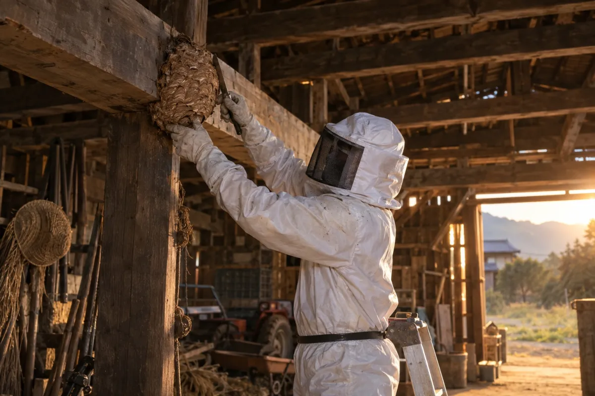 大府市長草町の農家納屋でオオスズメバチ駆除作業中
