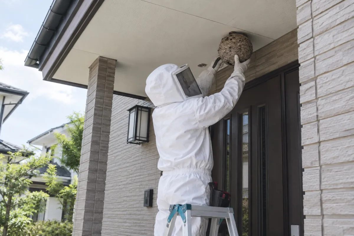 大府市梶田町の木造一戸建てでスズメバチ駆除作業中