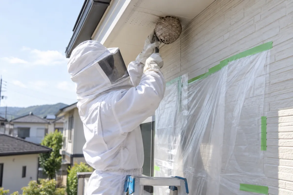 大府市朝日町の新築一戸建てでキイロスズメバチ駆除作業中