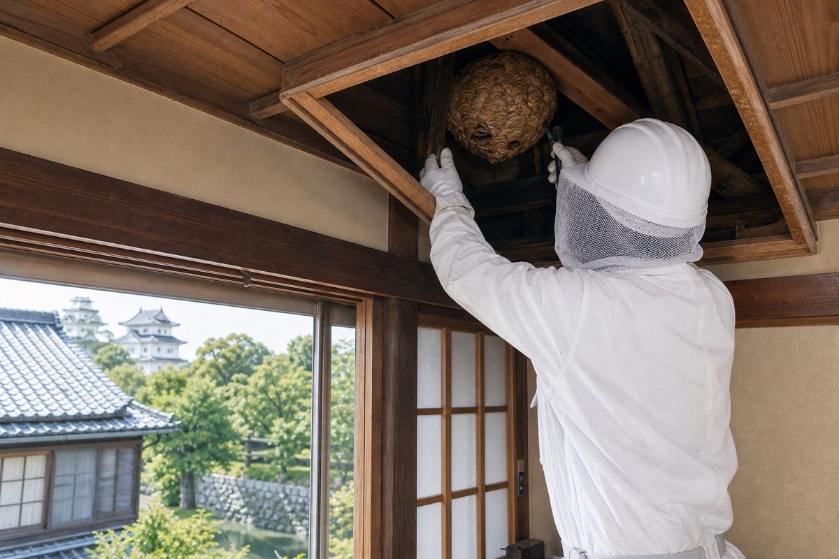 大垣市郭町・歴史ある木造住宅のスズメバチ駆除事例