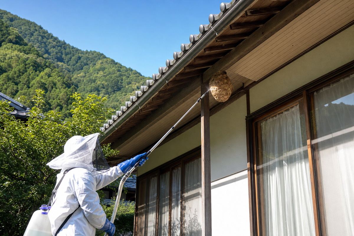 大垣市上石津町の山間部住宅でオオスズメバチ駆除作業中