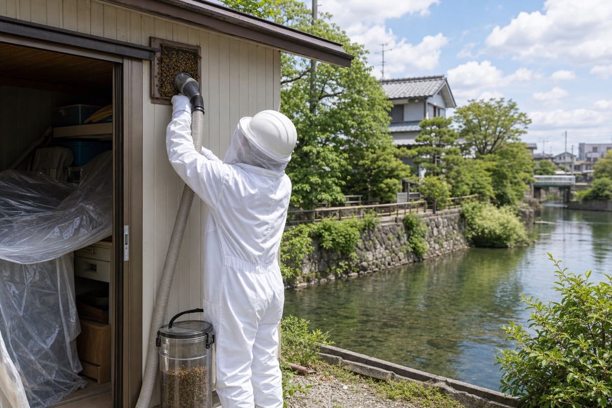 大垣市久瀬川町の水都住宅でミツバチ駆除作業中
