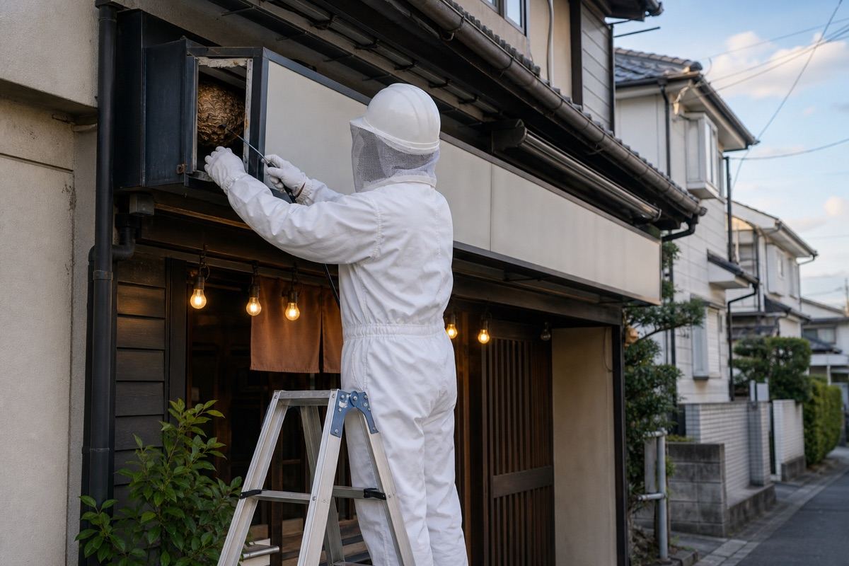 大垣市木戸町の店舗併用住宅でキイロスズメバチ駆除作業中