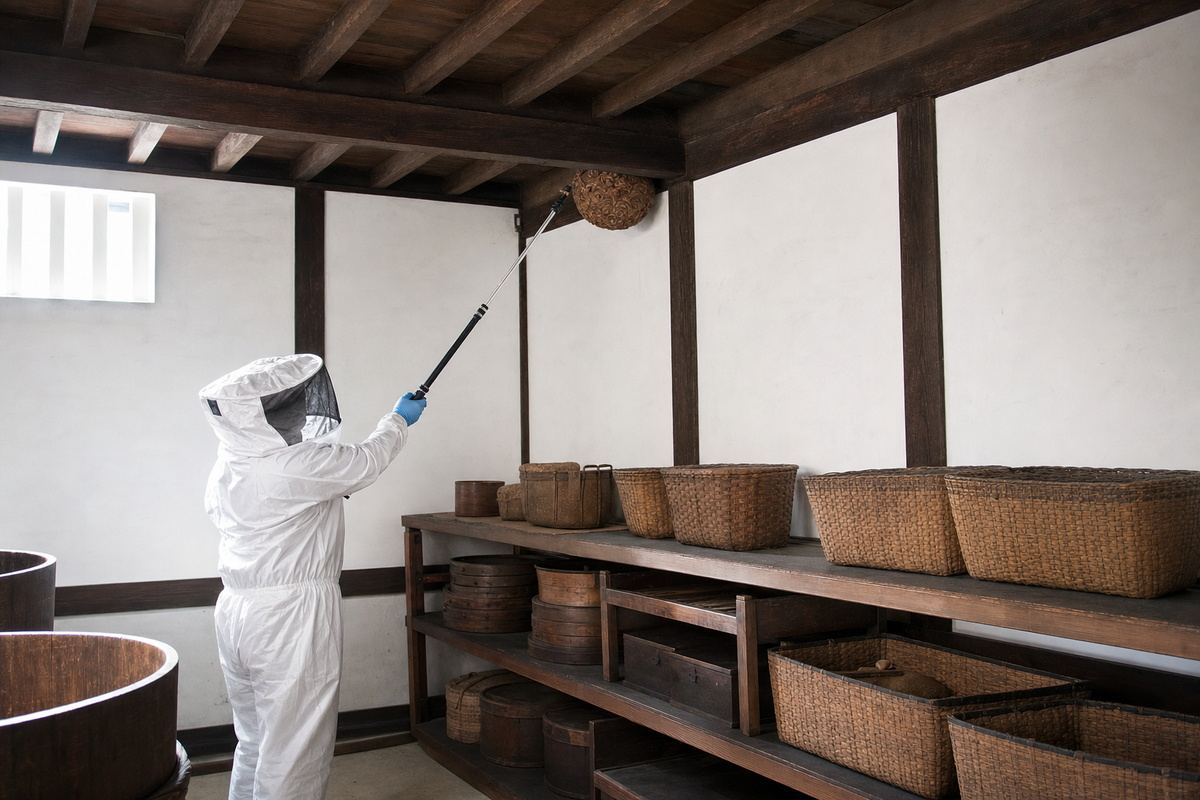 大垣市寺内町の古民家でオオスズメバチ駆除作業中