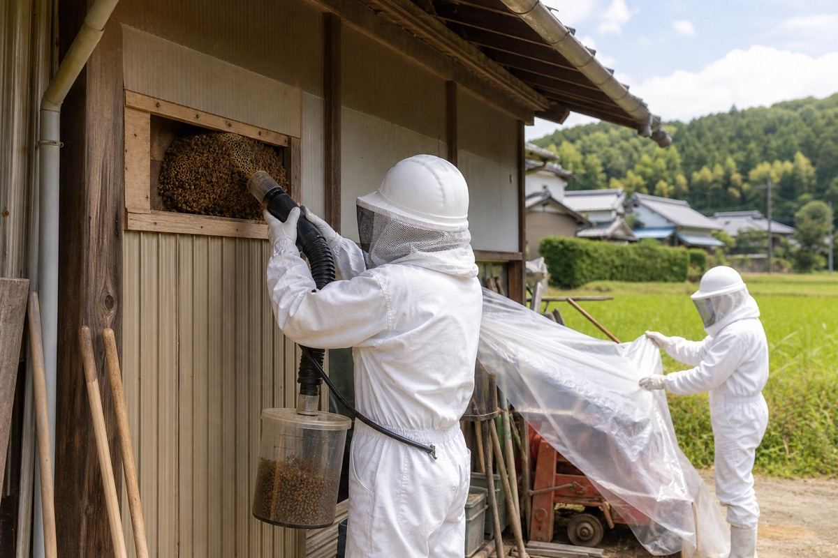 大垣市万石の農家住宅でミツバチ駆除作業中