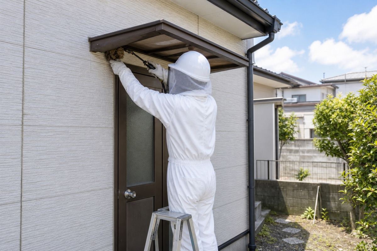 大垣市中野町の賃貸戸建でアシナガバチ駆除作業中