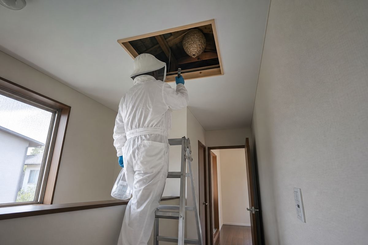 大垣市静里町の住宅街でキイロスズメバチ駆除作業中