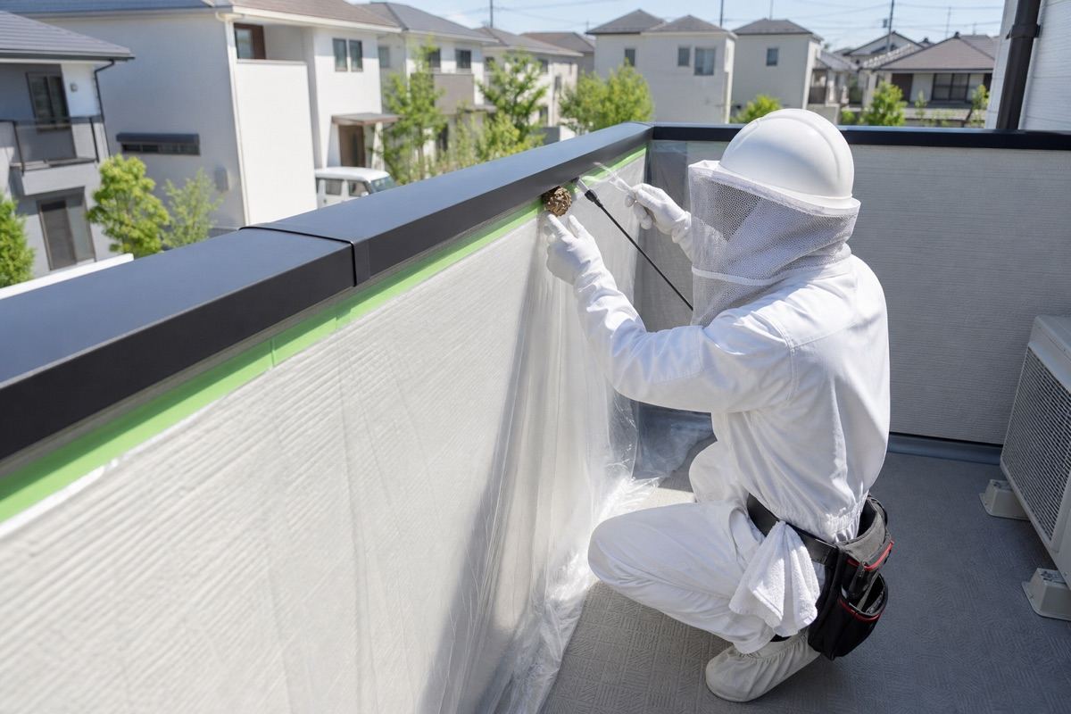 大垣市安井町の新興住宅地でアシナガバチ駆除作業中