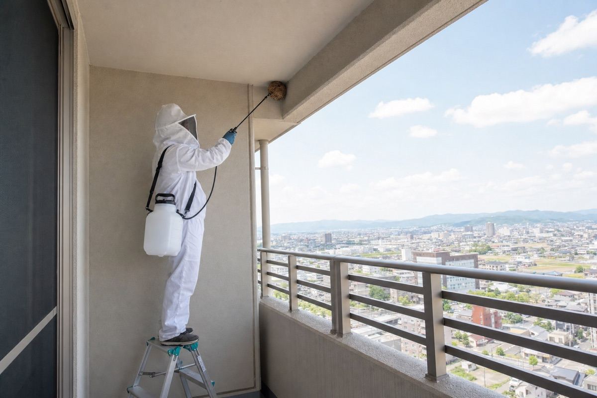 大垣市興福地町のタワーマンションでスズメバチ駆除作業中