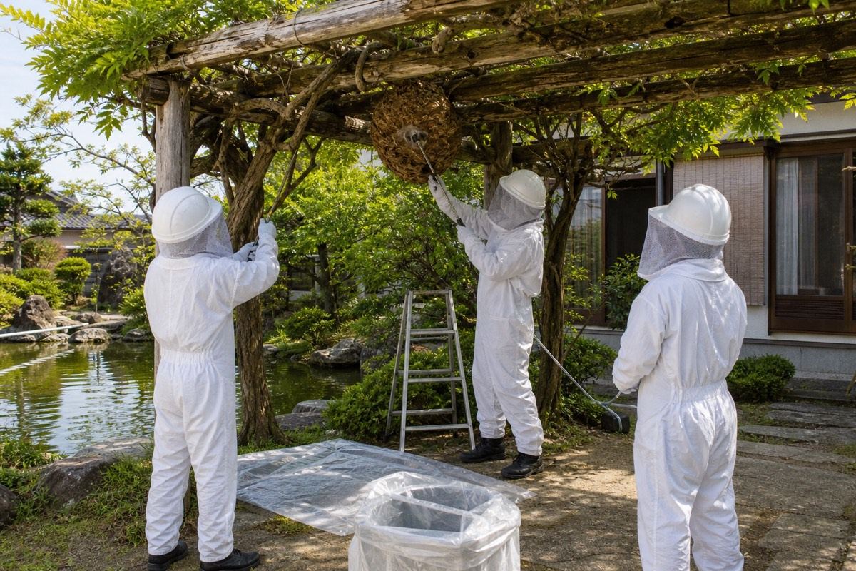 大垣市高屋町の池近隣住宅でオオスズメバチ駆除作業中