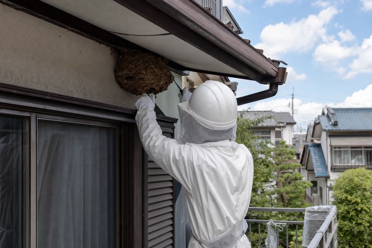 岡崎市欠町の一軒家でスズメバチ駆除作業中
