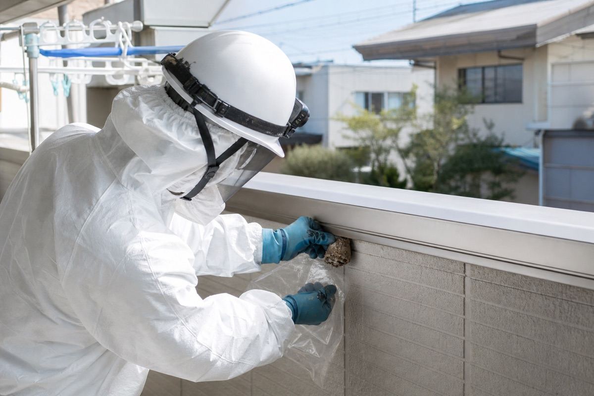 岡崎市羽根町のマンションでアシナガバチ駆除作業中