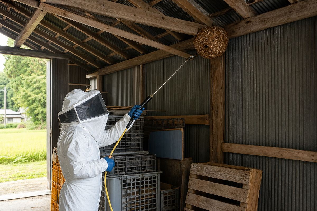 岡崎市矢作町の倉庫でオオスズメバチ大型巣駆除作業中