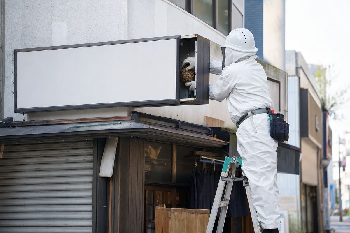 岡崎市康生通東の商店看板裏でスズメバチ駆除作業中