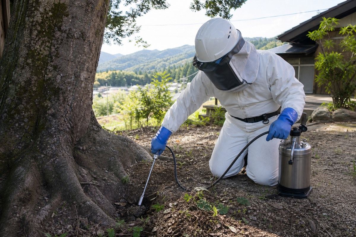 岡崎市額田町の山間部一軒家でオオスズメバチ地中営巣駆除作業中